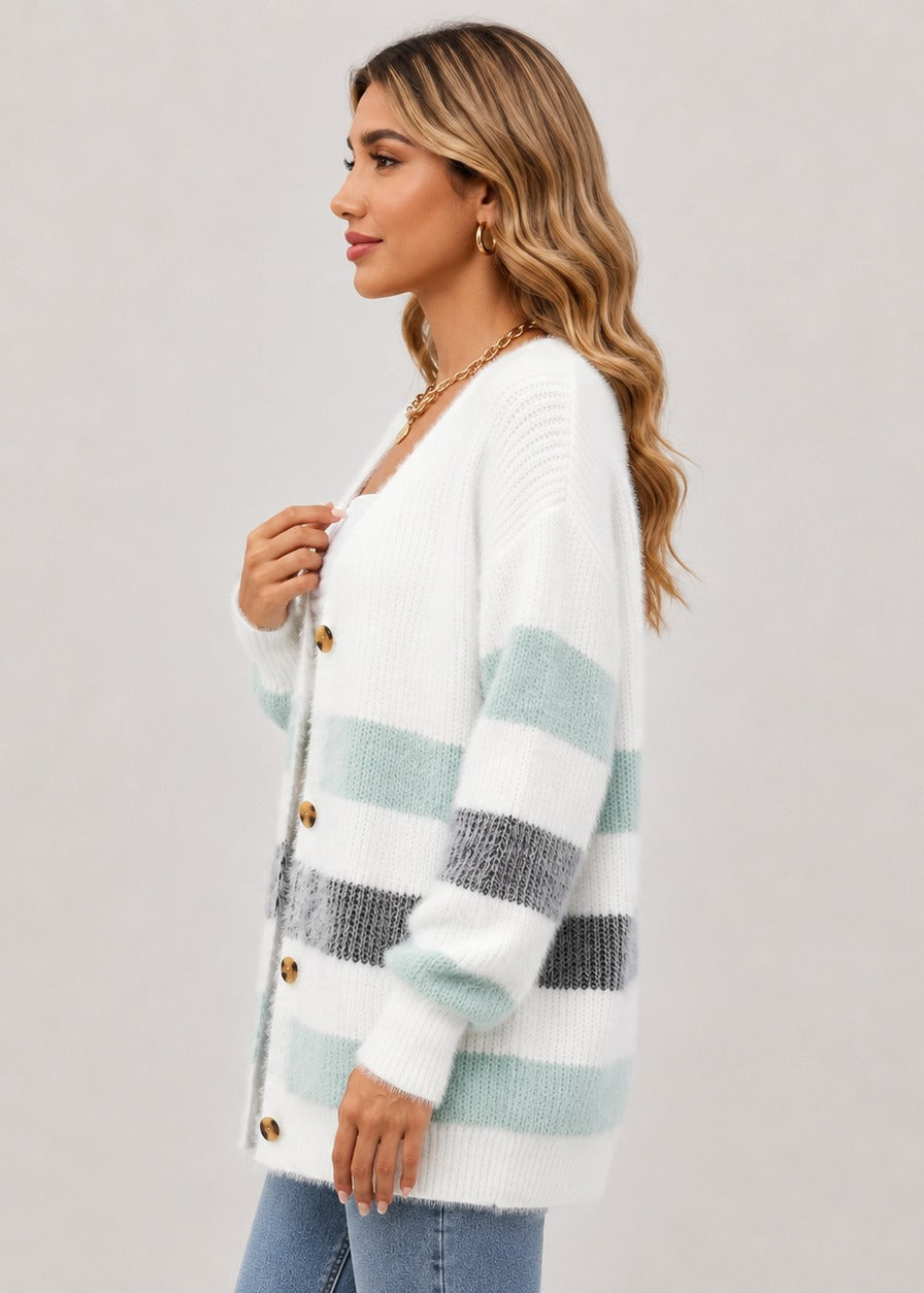 Women's striped longline button cardigan with V-neck and long sleeves