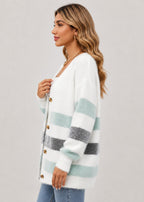Women's striped longline button cardigan with V-neck and long sleeves