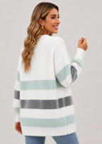 Women's striped longline button cardigan with V-neck and long sleeves