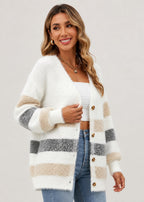 Women's striped longline button cardigan with V-neck and long sleeves