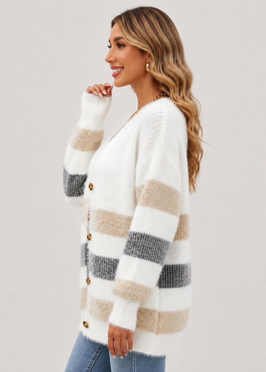 Women's striped longline button cardigan with V-neck and long sleeves