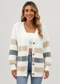 Women's striped longline button cardigan with V-neck and long sleeves