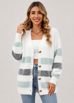Women's striped longline button cardigan with V-neck and long sleeves