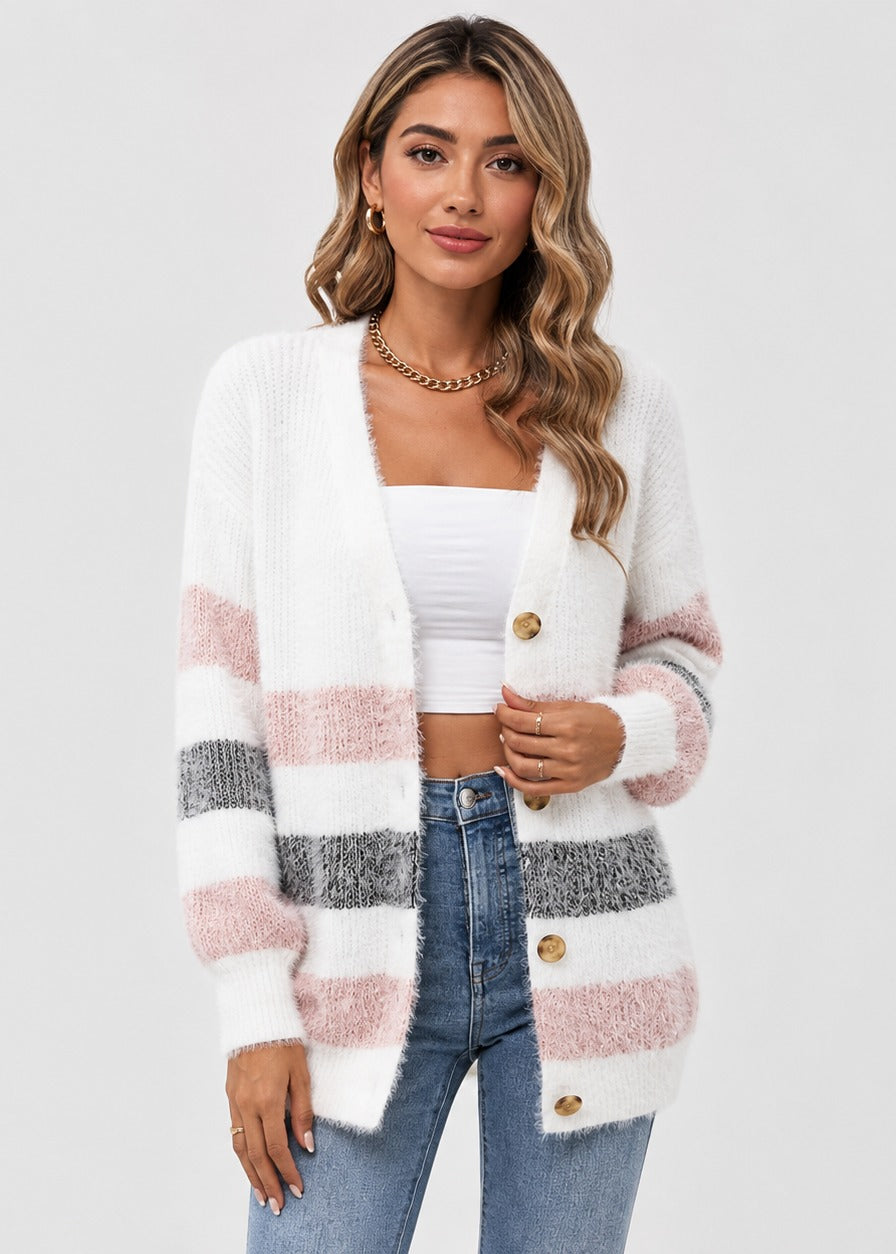Women's striped longline button cardigan with V-neck and long sleeves