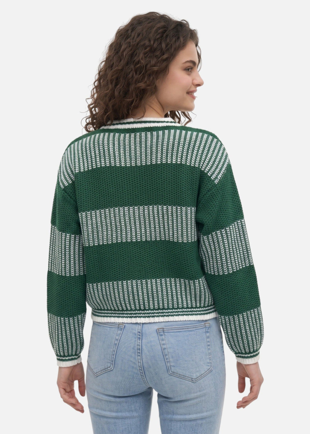 Women's striped crew neck jumper with long sleeves and ribbed trims