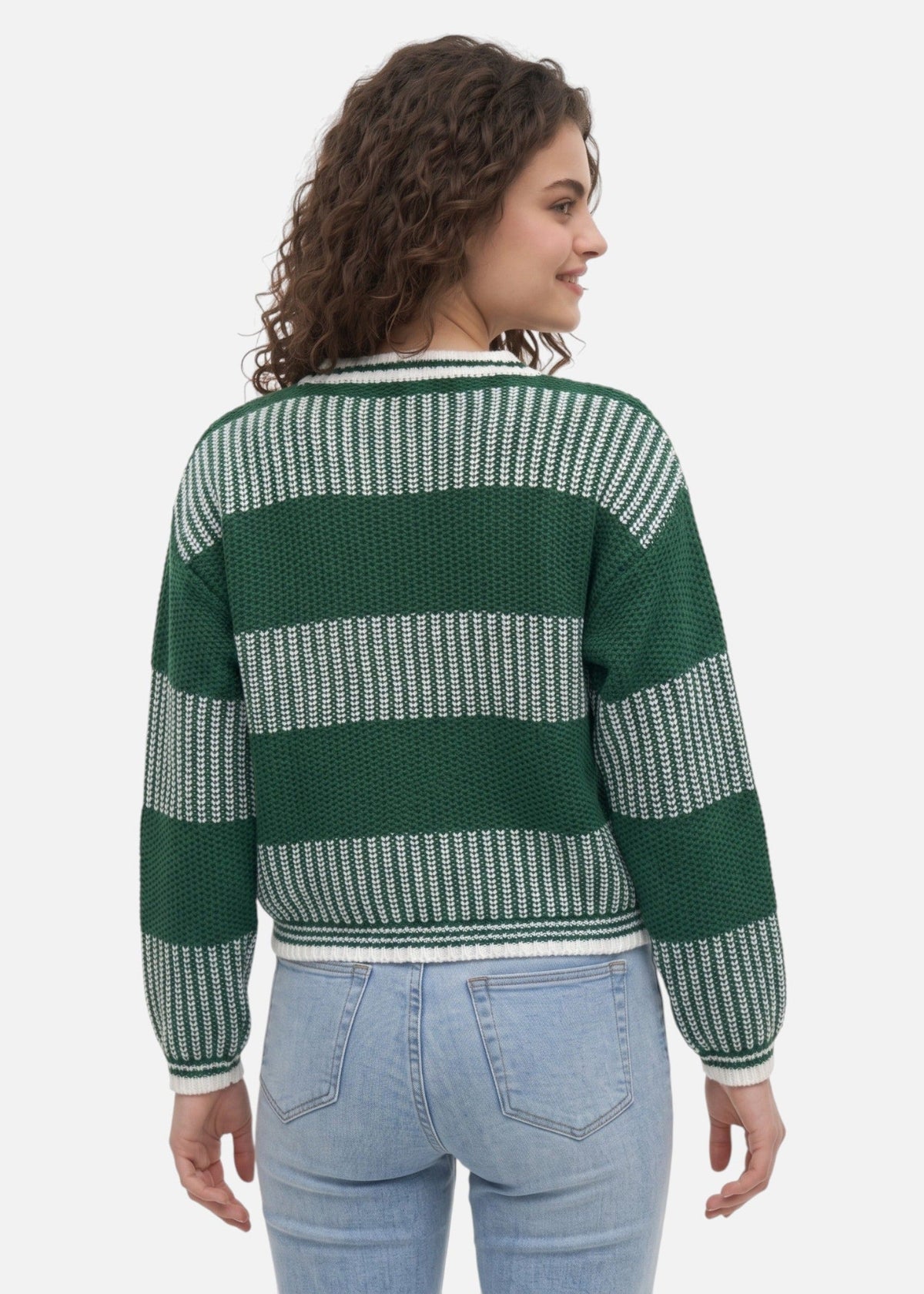 Women's striped crew neck jumper with long sleeves and ribbed trims
