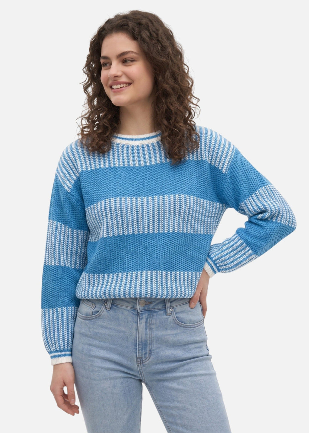 Women's striped crew neck jumper with long sleeves and ribbed trims