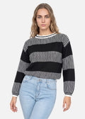 Women's striped crew neck jumper with long sleeves and ribbed trims