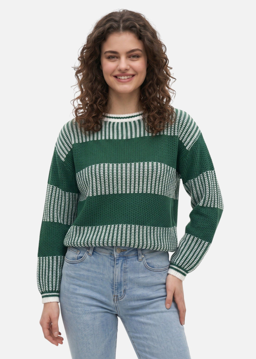 Women's striped crew neck jumper with long sleeves and ribbed trims