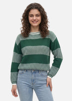 Women's striped crew neck jumper with long sleeves and ribbed trims
