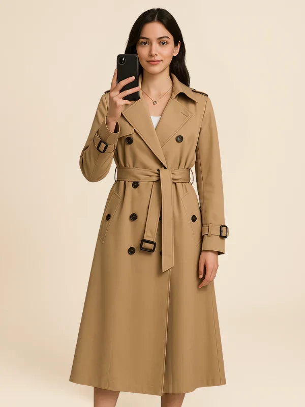Women's belted double-breasted trench coat with long sleeves and lapel collar
