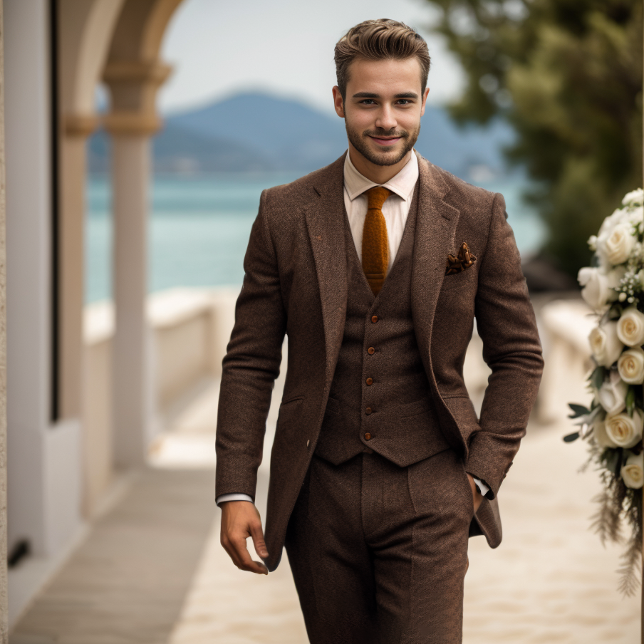 Men's three-piece textured suit with notched jacket, buttoned waistcoat and tailored trousers