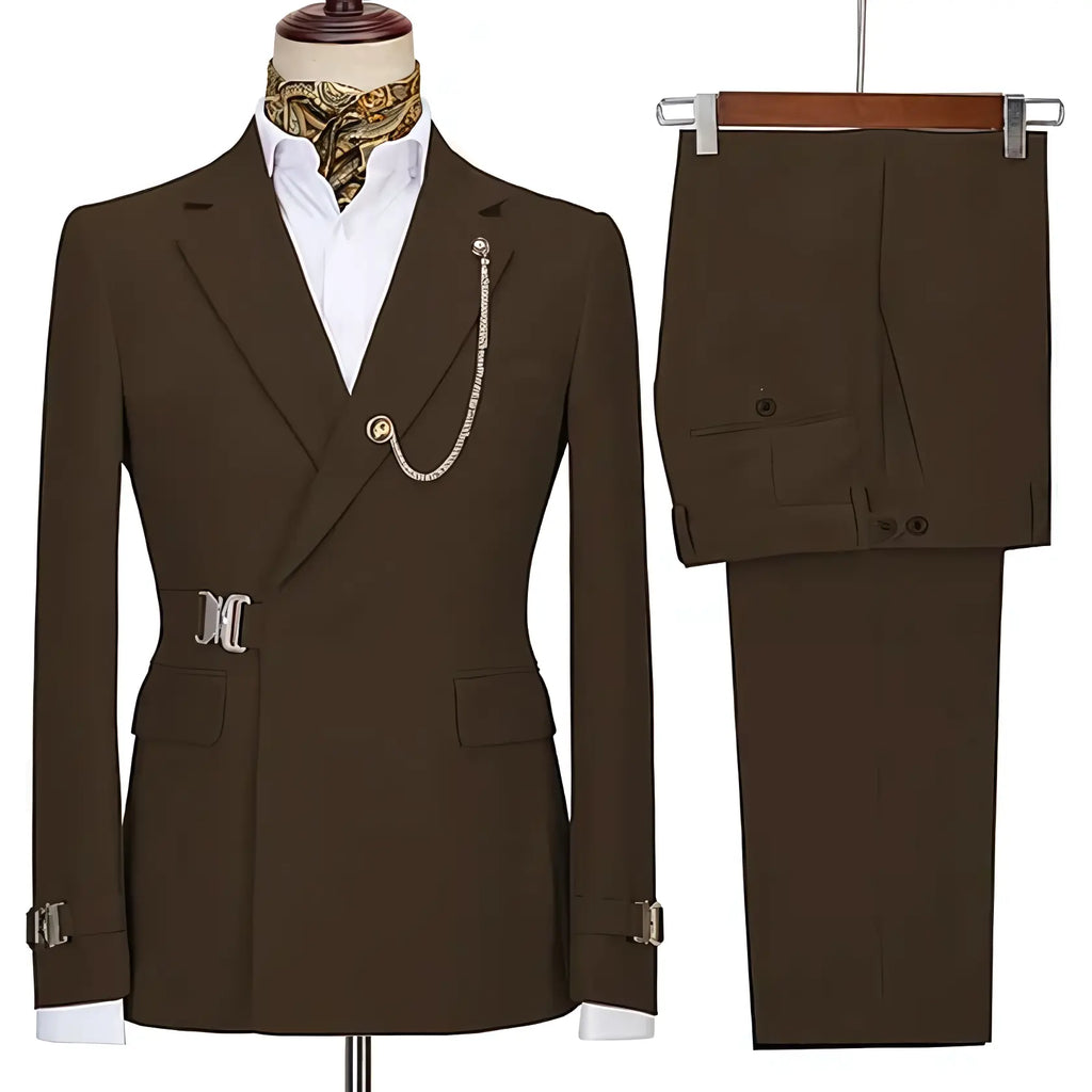 Men's two-piece suit with notched lapels, chain detail, buckle accents and matching trousers