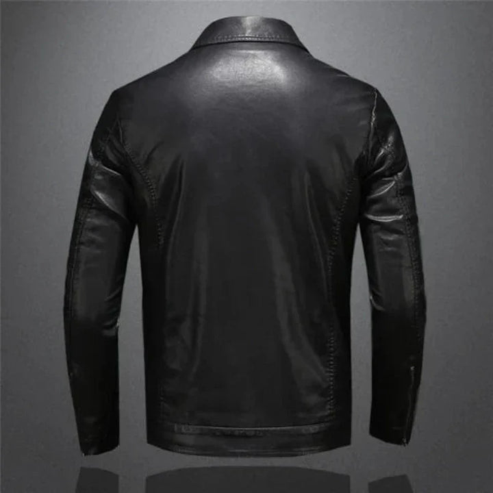 Men's black jacket with point collar, long sleeves and flap chest pockets