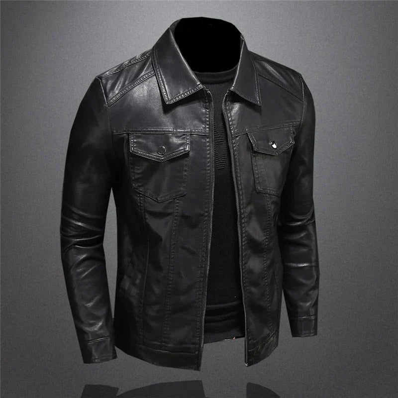 Men's black jacket with point collar, long sleeves and flap chest pockets