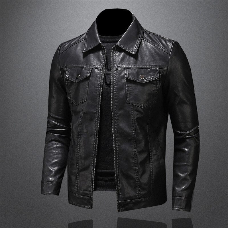 Men's black jacket with point collar, long sleeves and flap chest pockets