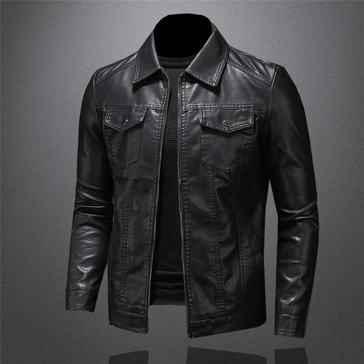 Men's black jacket with point collar, long sleeves and flap chest pockets