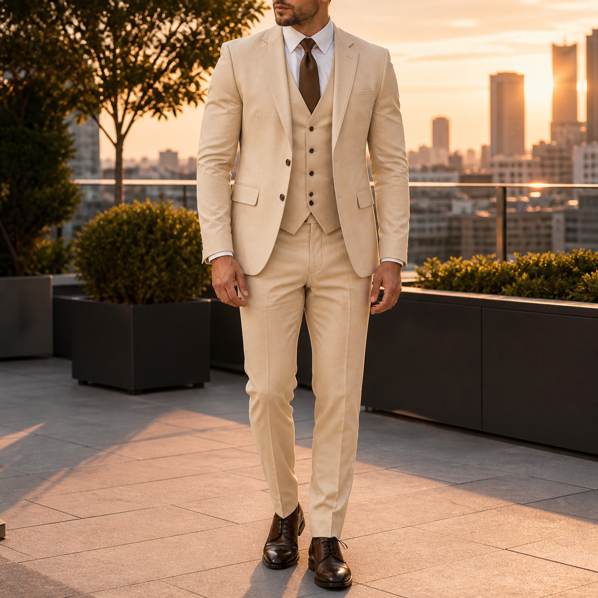 Men's three-piece suit with two-button jacket, waistcoat and tailored trousers