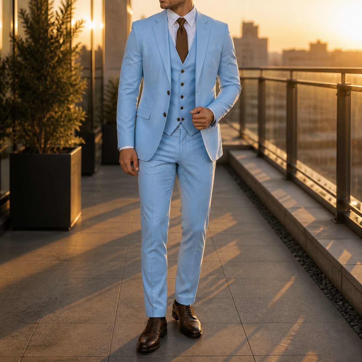 Men's three-piece suit with two-button jacket, waistcoat and tailored trousers