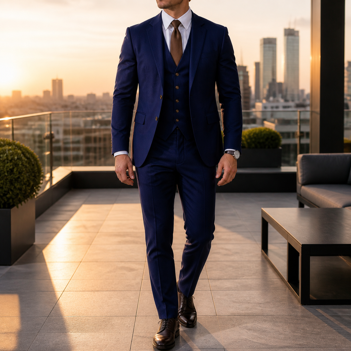 Men's three-piece suit with two-button jacket, waistcoat and tailored trousers