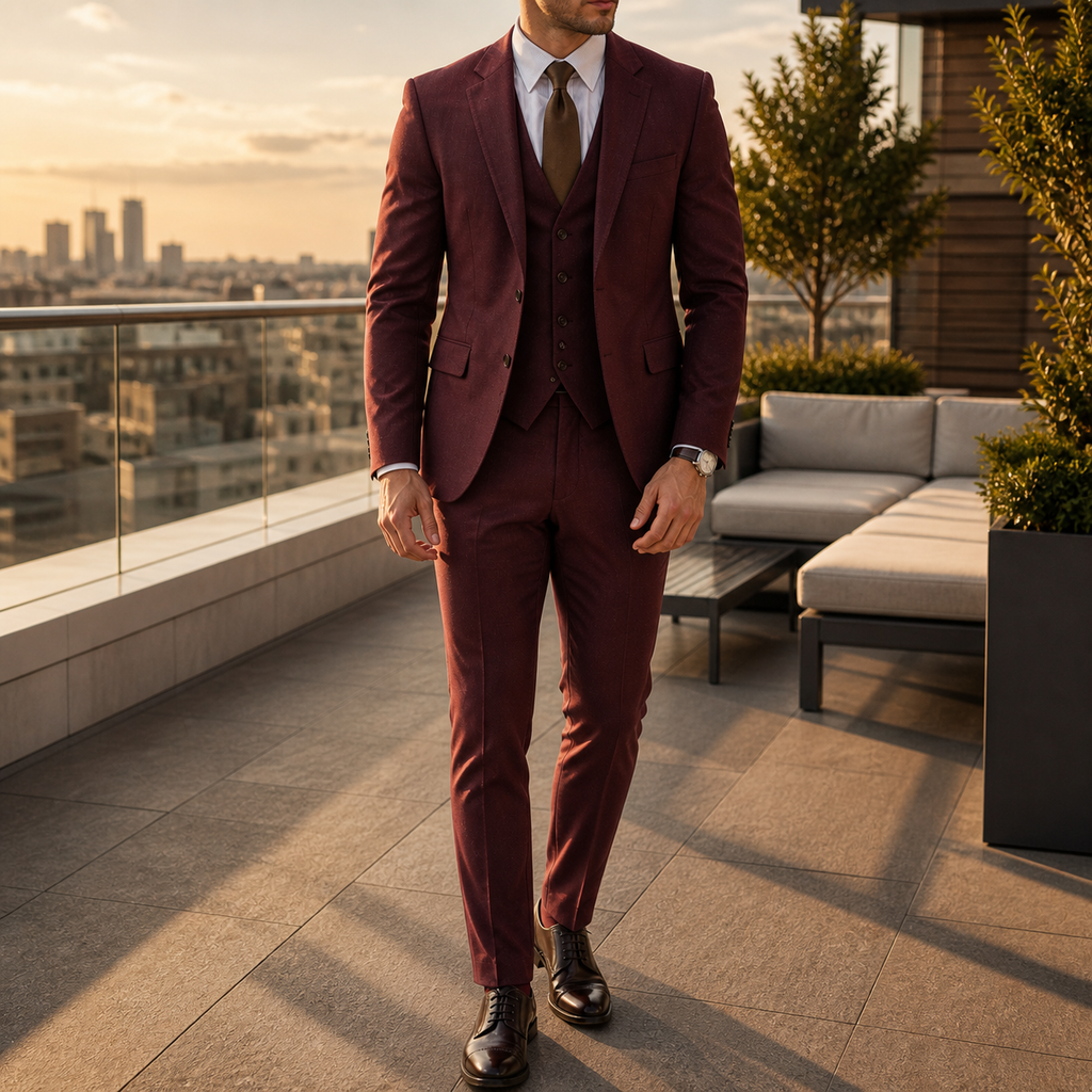 Men's three-piece suit with two-button jacket, waistcoat and tailored trousers
