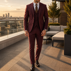 Men's three-piece suit with two-button jacket, waistcoat and tailored trousers
