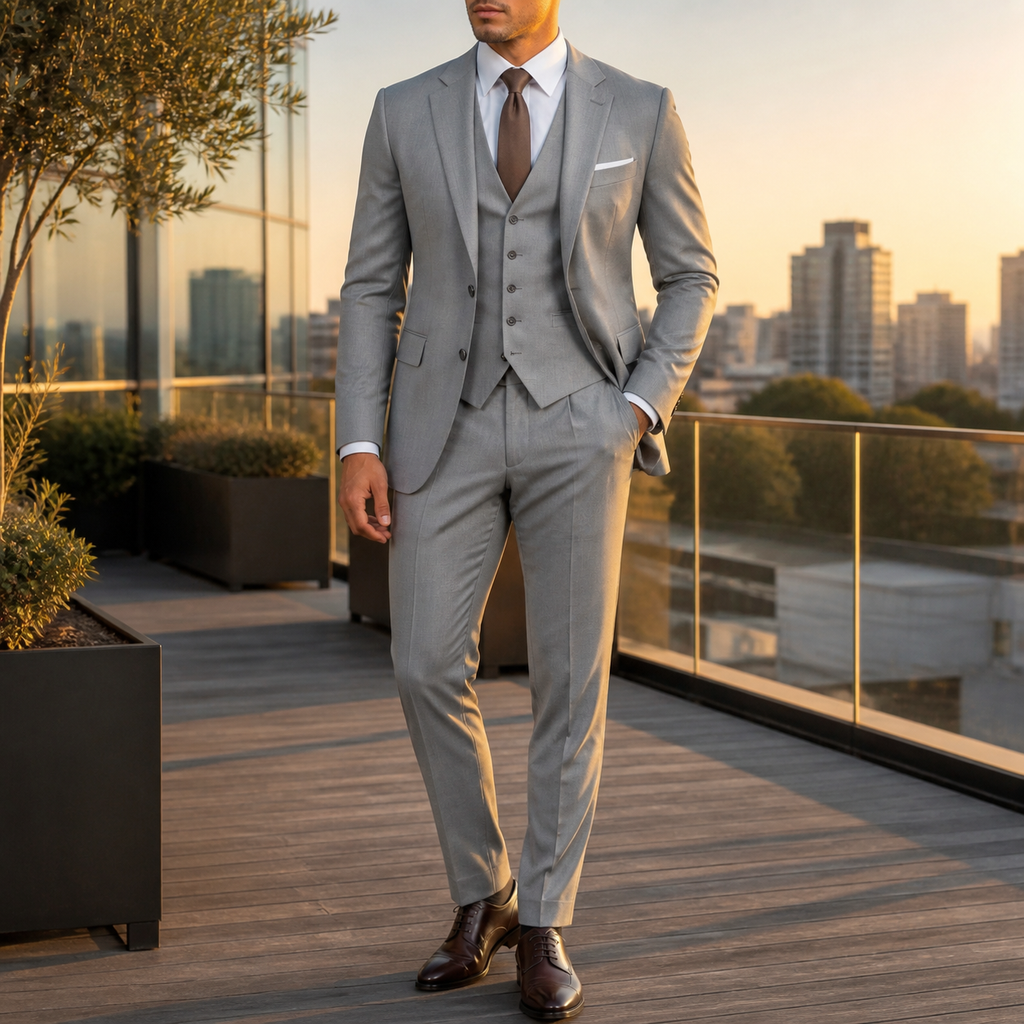Men's three-piece suit with two-button jacket, waistcoat and tailored trousers