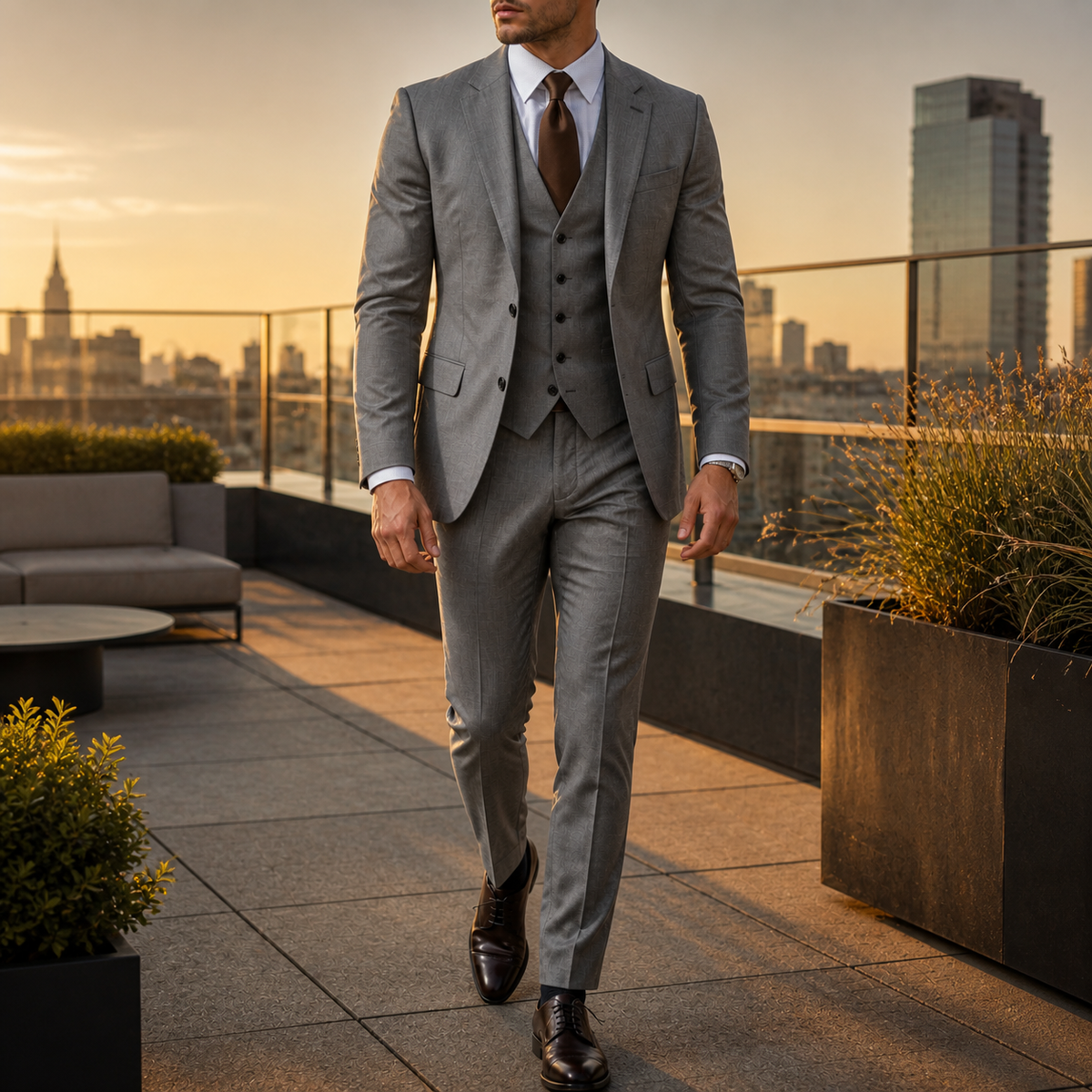 Men's three-piece suit with two-button jacket, waistcoat and tailored trousers