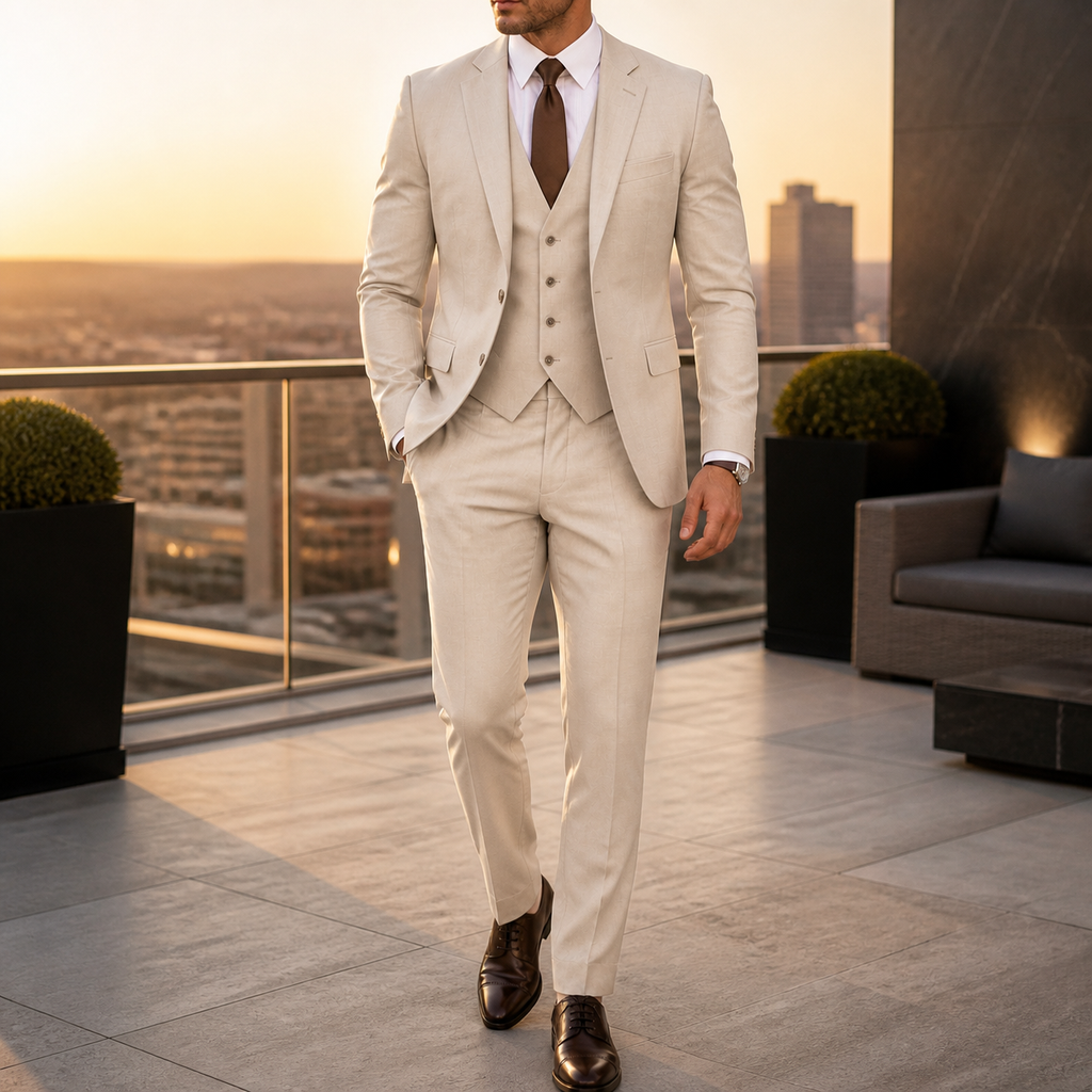 Men's three-piece suit with two-button jacket, waistcoat and tailored trousers