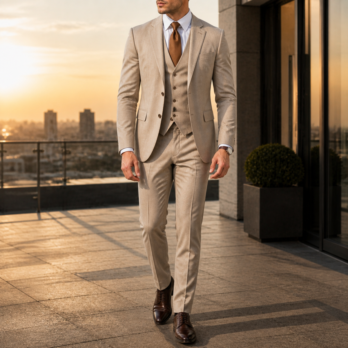 Men's three-piece suit with two-button jacket, waistcoat and tailored trousers