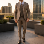 Men's three-piece suit with two-button jacket, waistcoat and tailored trousers
