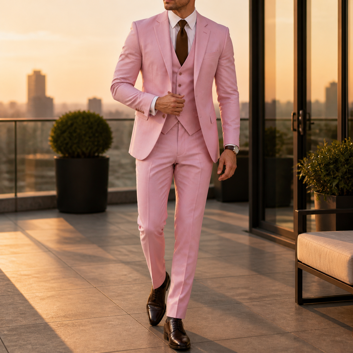 Men's three-piece suit with two-button jacket, waistcoat and tailored trousers