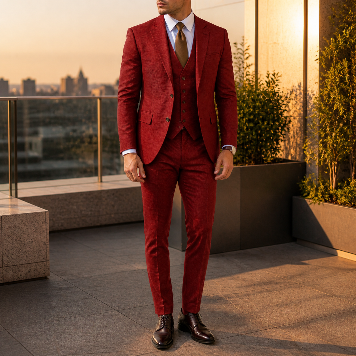 Men's three-piece suit with two-button jacket, waistcoat and tailored trousers