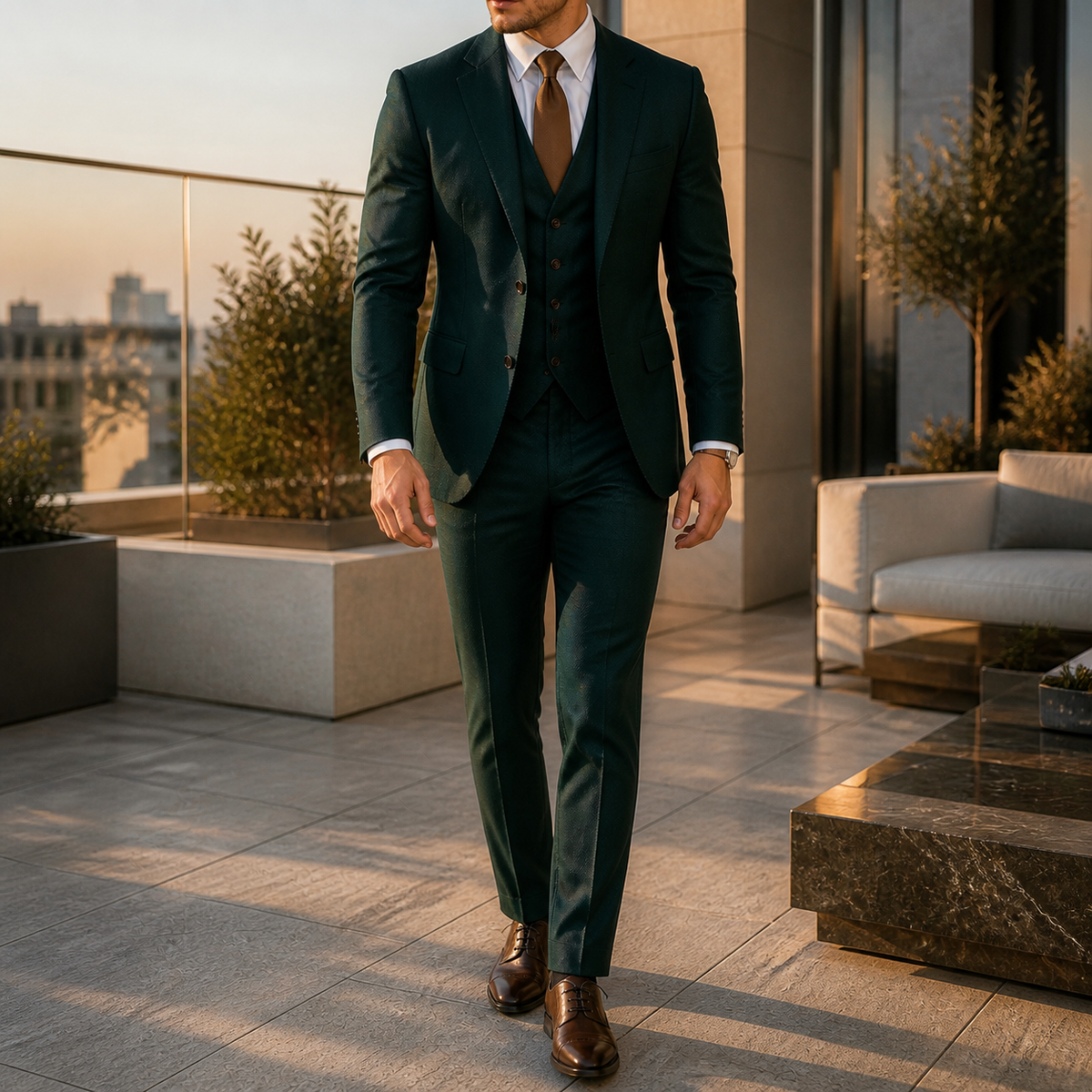 Men's three-piece suit with two-button jacket, waistcoat and tailored trousers