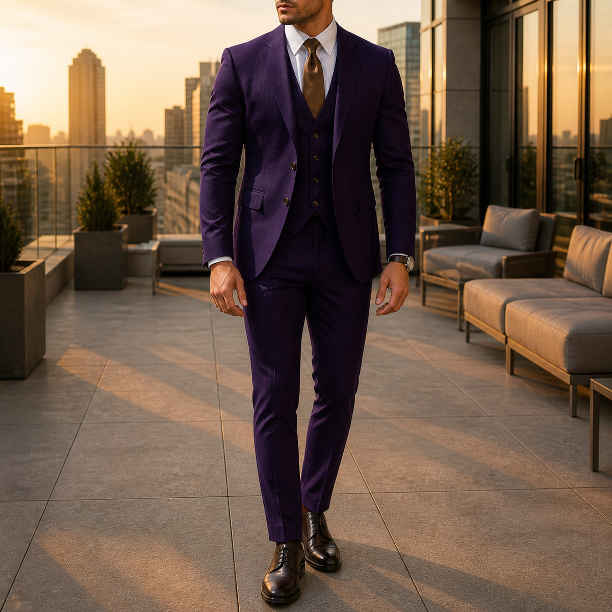 Men's three-piece suit with two-button jacket, waistcoat and tailored trousers