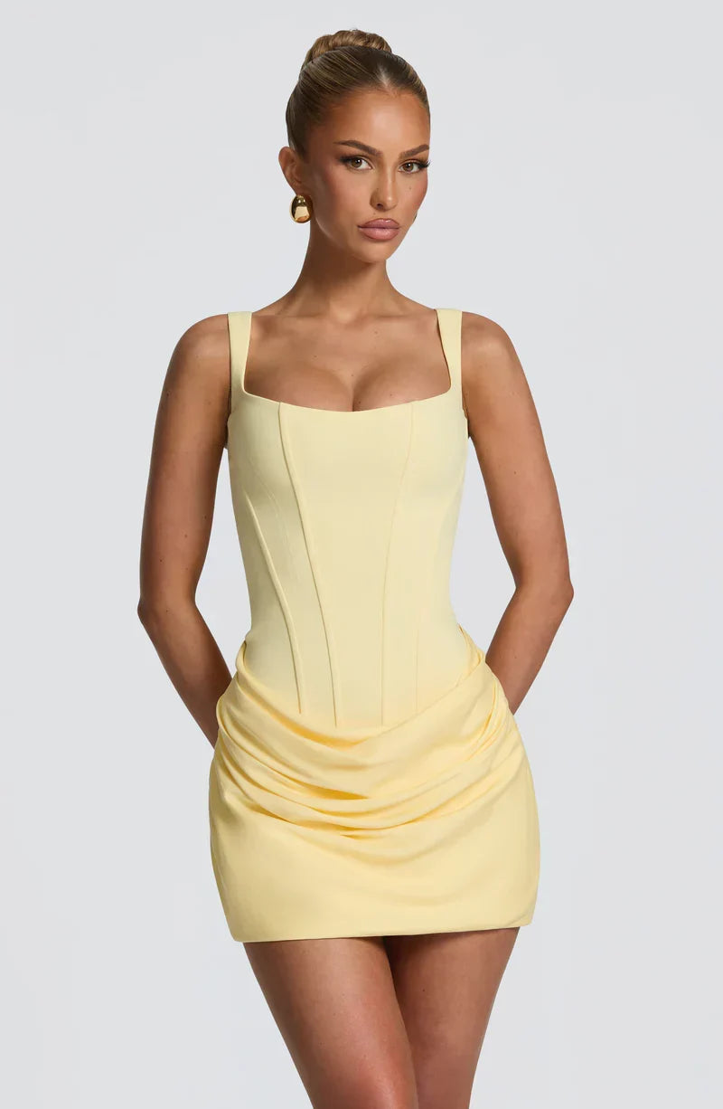 Women's fitted square-neck mini dress with corset bodice and ruched skirt