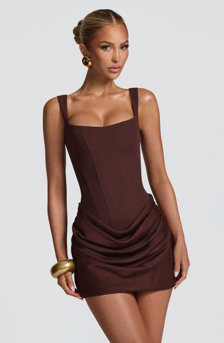 Women's fitted square-neck mini dress with corset bodice and ruched skirt