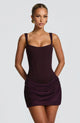 Women's fitted square-neck mini dress with corset bodice and ruched skirt