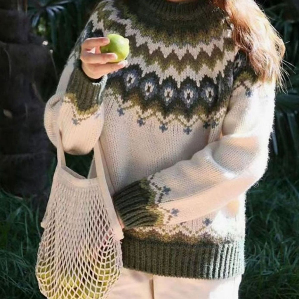 Women's oversized Fair Isle crew neck sweater with long sleeves