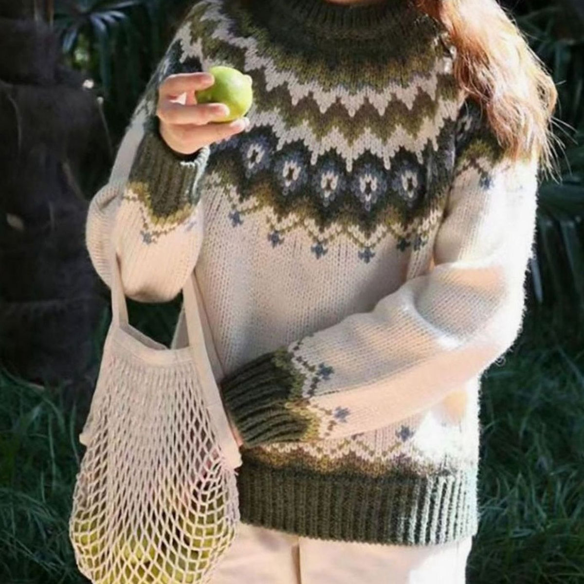Women's oversized Fair Isle crew neck sweater with long sleeves