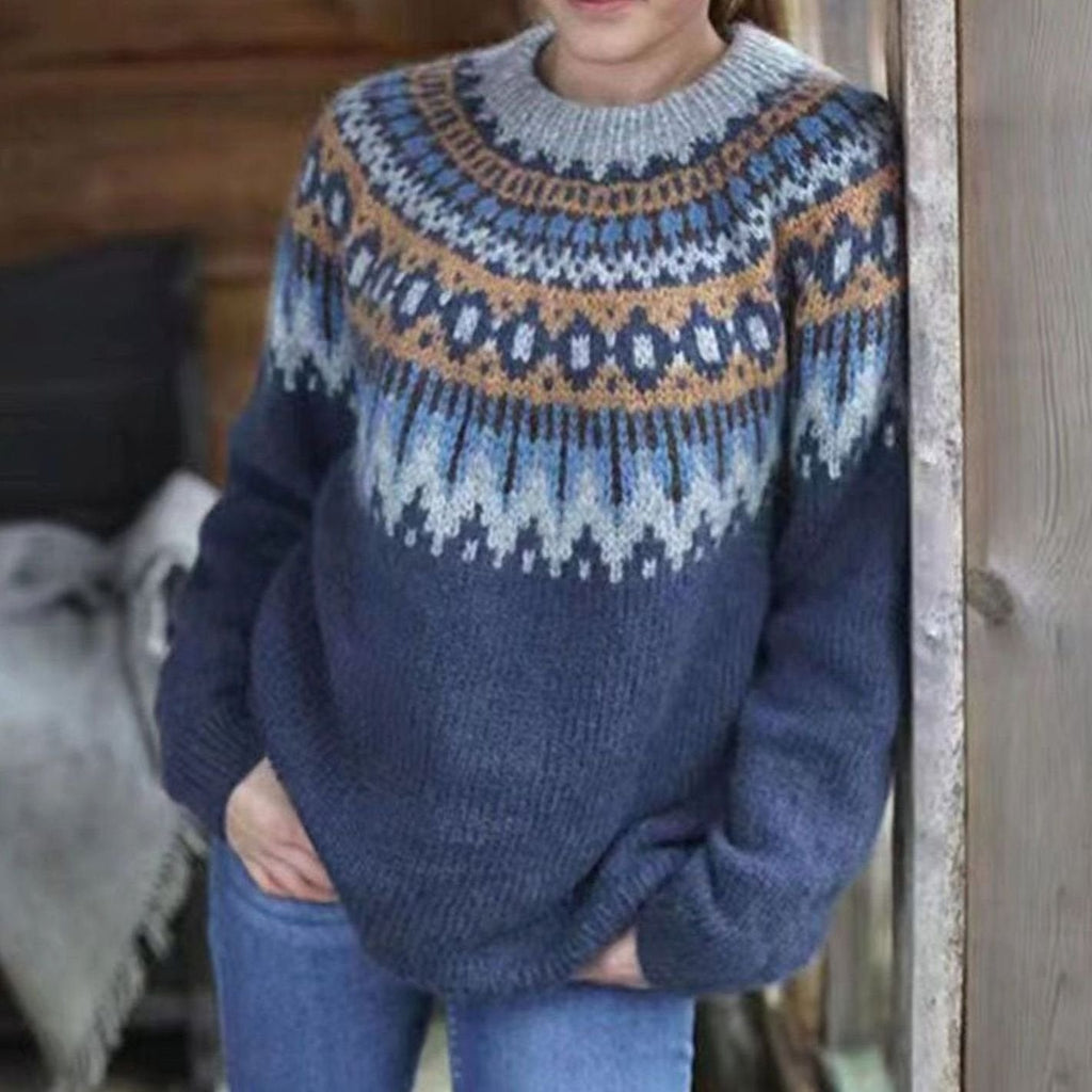 Women's oversized Fair Isle crew neck sweater with long sleeves