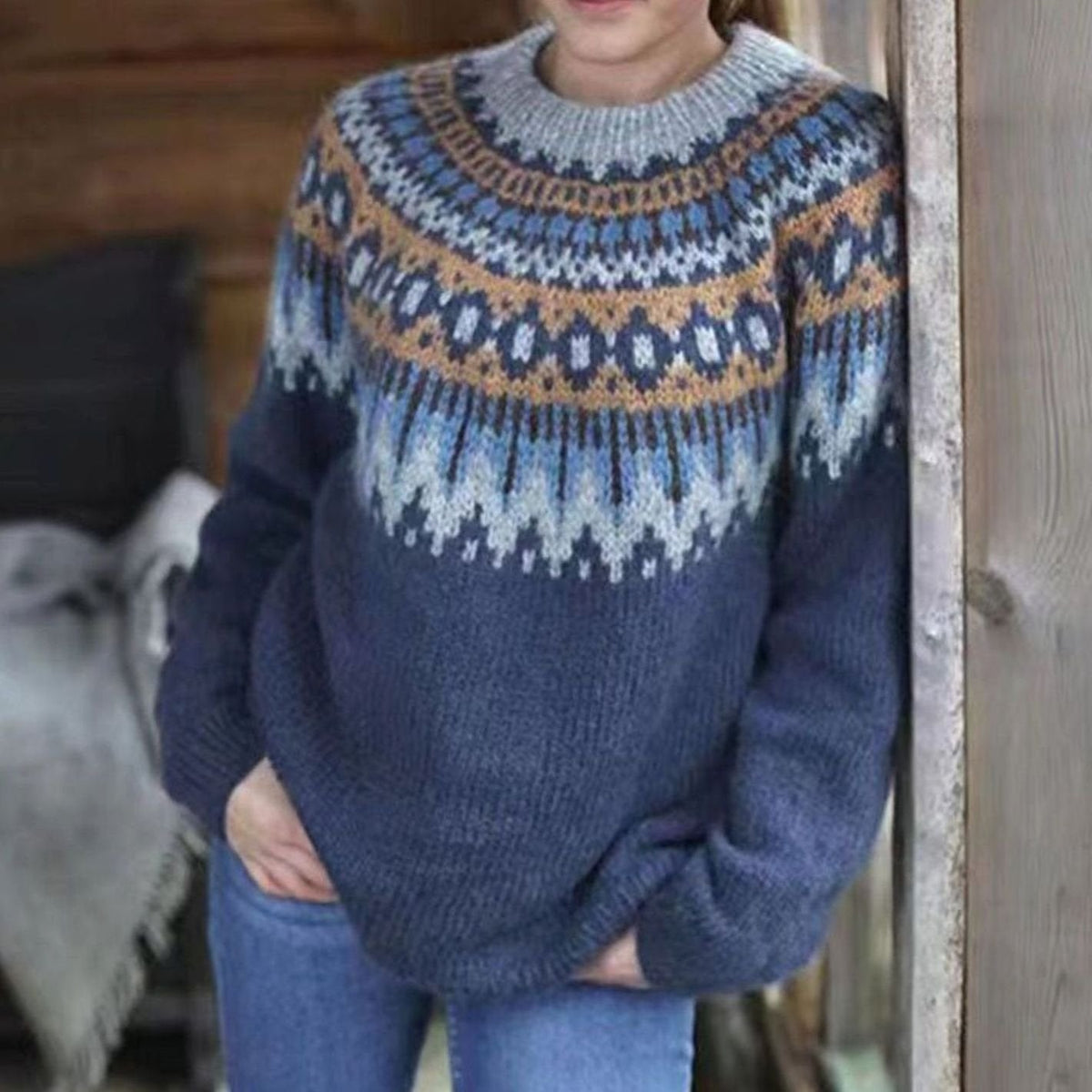 Women's oversized Fair Isle crew neck sweater with long sleeves