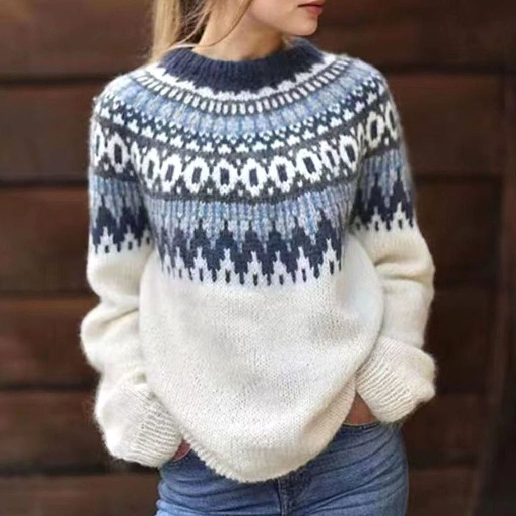 Women's oversized Fair Isle crew neck sweater with long sleeves