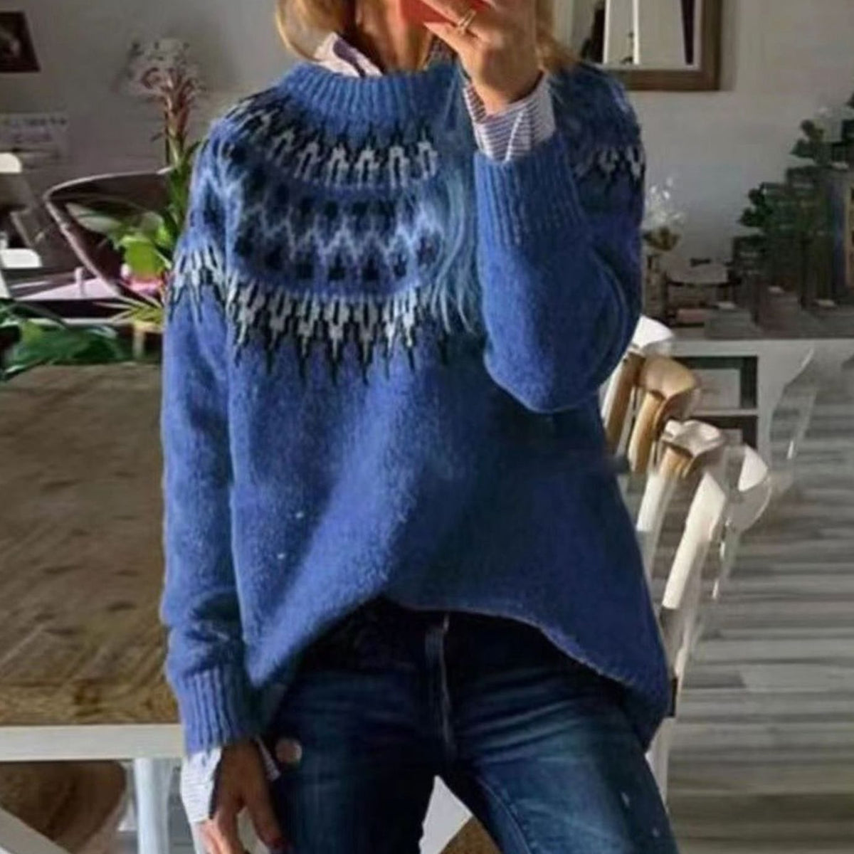 Women's oversized Fair Isle crew neck sweater with long sleeves