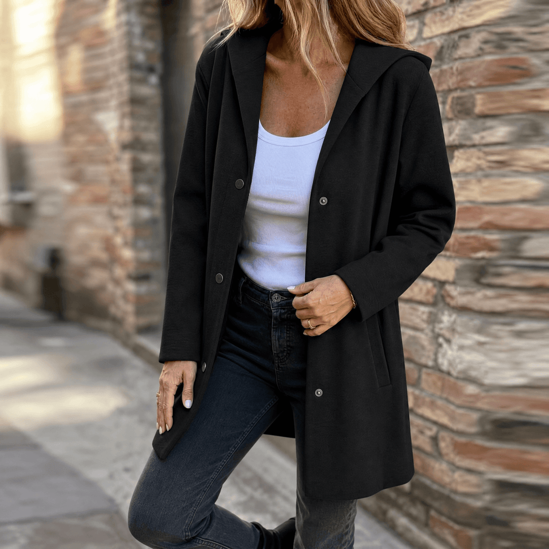 Women's longline hooded cardigan with button front and pockets
