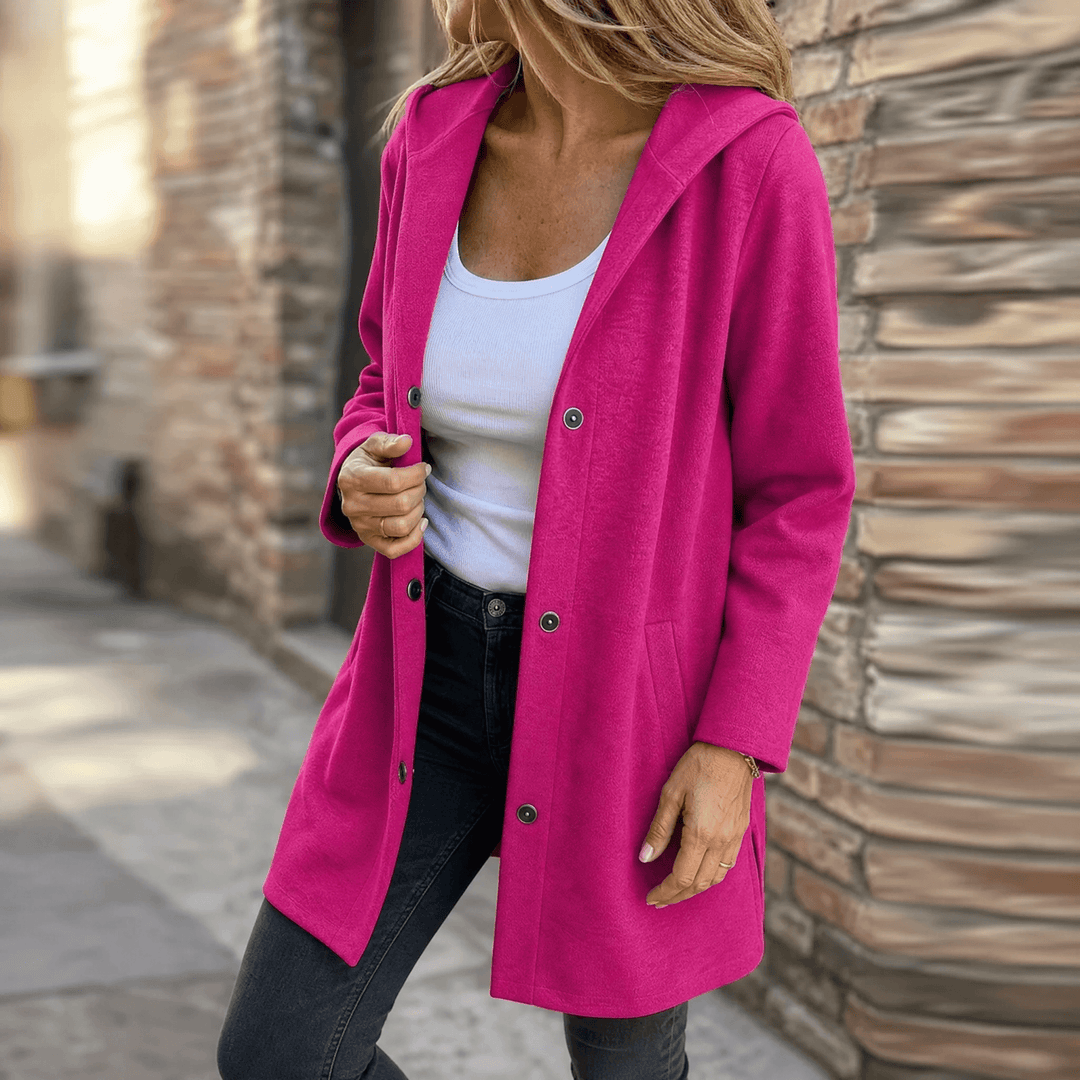 Women's longline hooded cardigan with button front and pockets