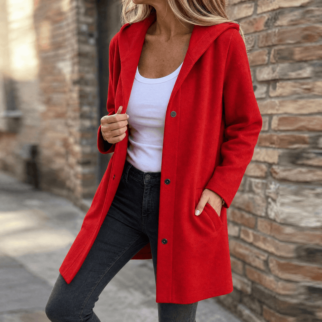 Women's longline hooded cardigan with button front and pockets