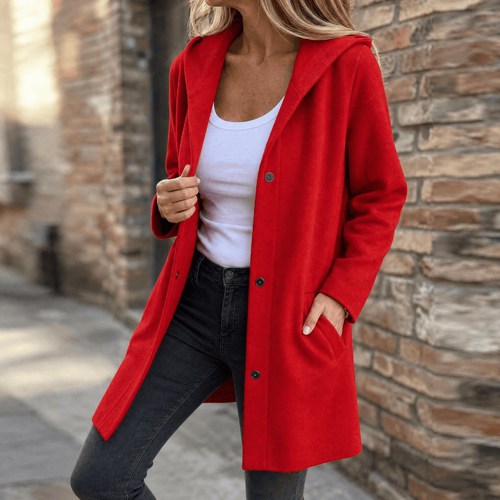 Women's longline hooded cardigan with button front and pockets
