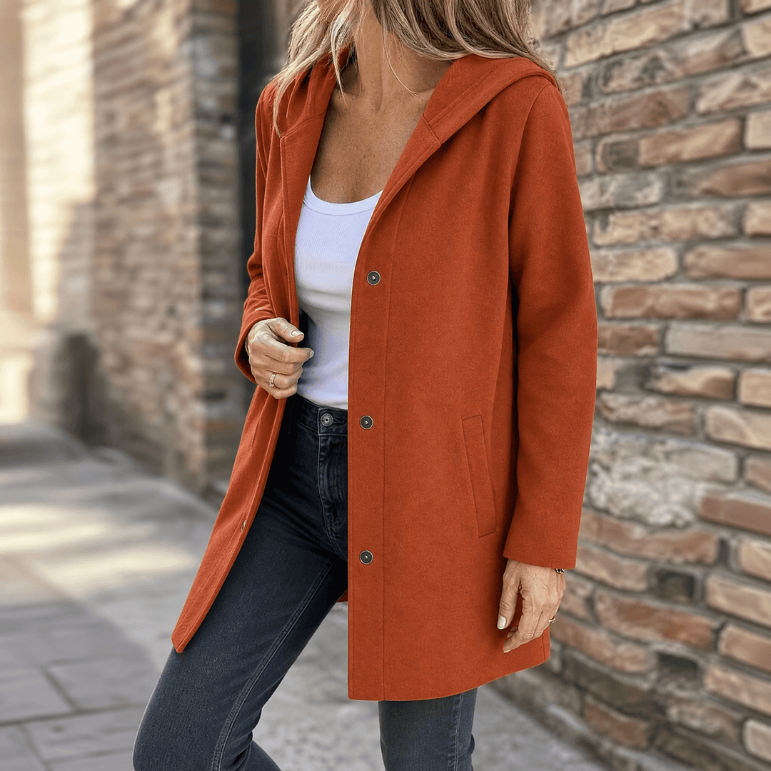 Women's longline hooded cardigan with button front and pockets
