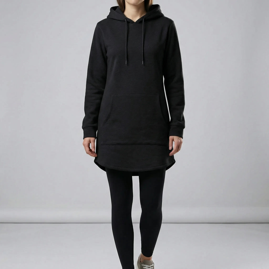 Women's hooded tunic sweatshirt with kangaroo pocket and curved hem